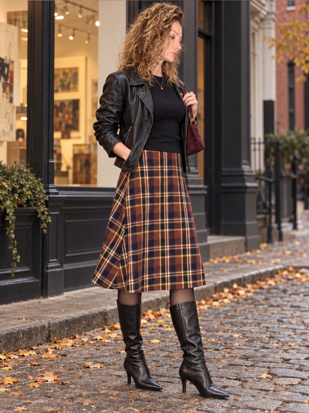 GU Rust & Navy Plaid A-Line Midi Skirt – Medium